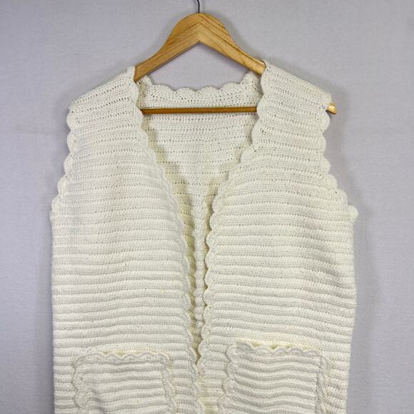 Woman's Crochet Knit White Sleeveless Cardigan - L/ XL Cottagecore Boho Vintage - Picture 2 of 8
